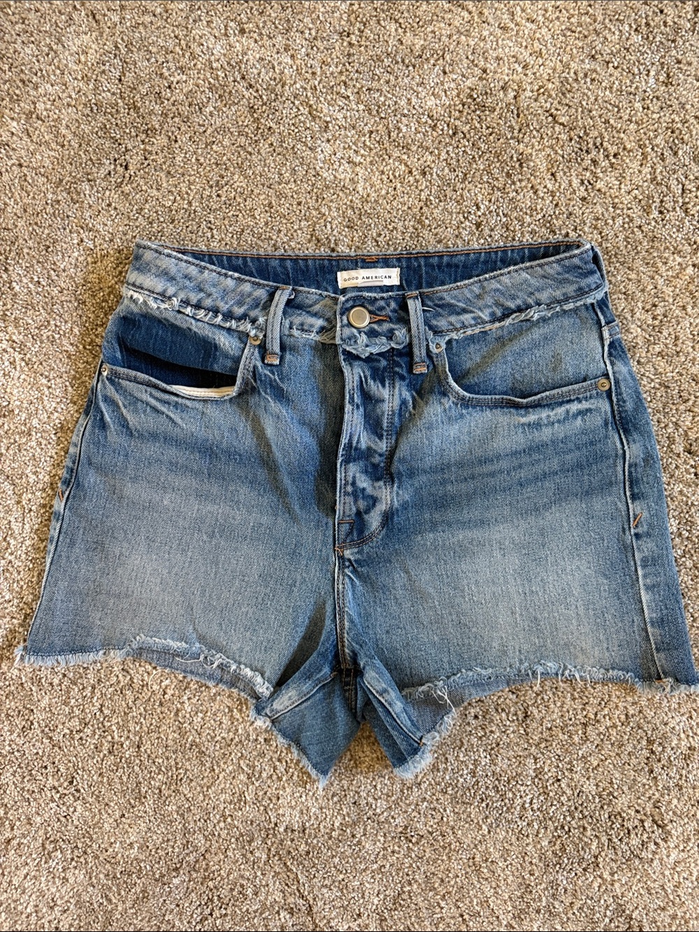 Good American Distressed High-Rise Denim Shorts - Light Blue